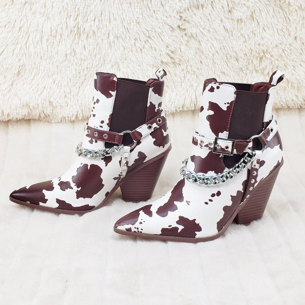 Demitri Brown White Cow Print Western Cowgirl Pull On Ankle Boot - Picture 7 of 13